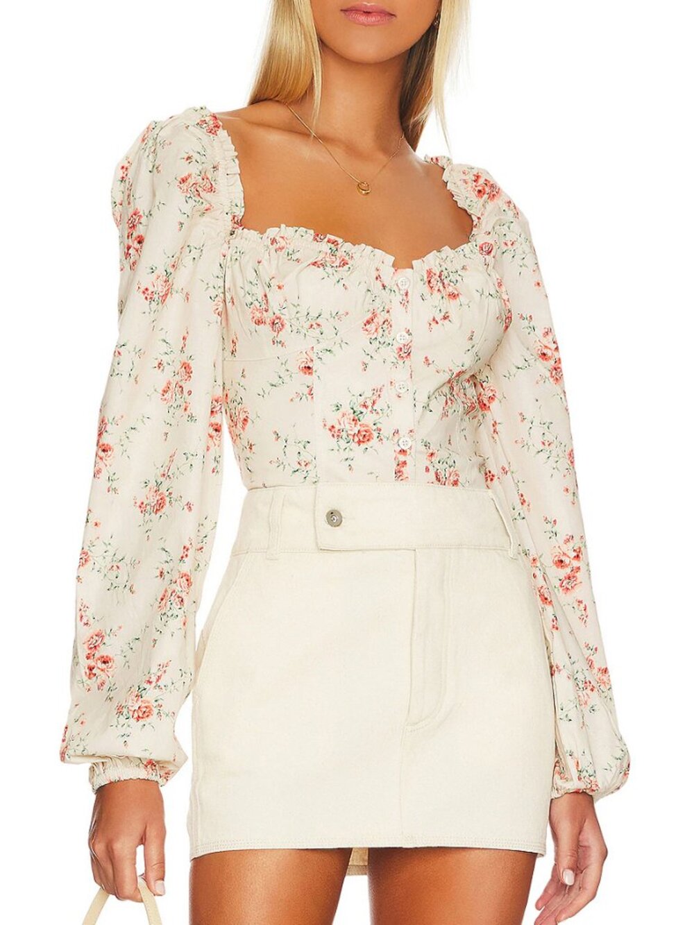 NWT WeWoreWhat Ruched Cup Top Ruffle Neck Dainty Floral Cottagecore Coquette S